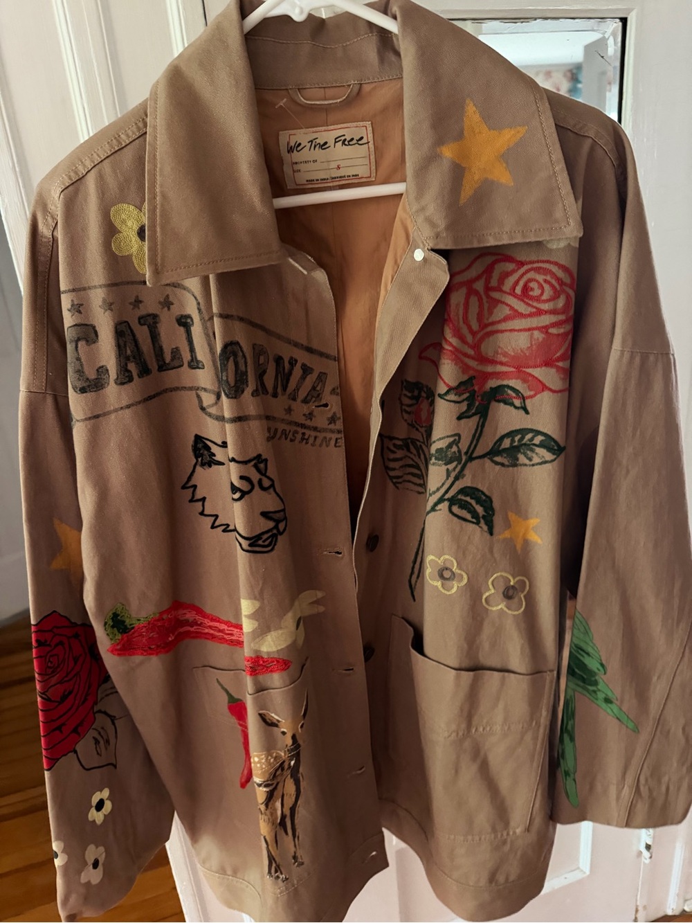 We The Free Tan Utility Jacket with Floral & Graphic Artwork